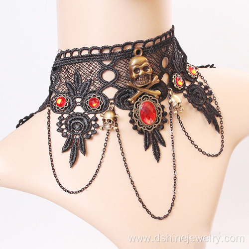 Wide lace Skull decoration Ruby tassel necklaces